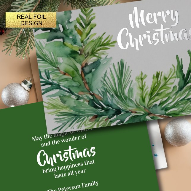 Christmas Evergreen Branch Foil Holiday Card (Creator Uploaded)