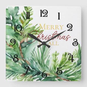 Christmas Evergreen Branch Square Wall Clock
