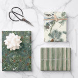 Christmas Evergreen Branches Pinecone Bird Stripe  Wrapping Paper Sheet<br><div class="desc">A wrapping paper set for nature lovers. The first wrapping paper sheet is a collage of dense evergreen branches which includes pine, spruce, yew, fir, and juniper needles. On the second paper, the French expression "Joyeux Noel" and "Merry Christmas" are interspersed with evergreen branches and pinecones, with a chickadee songbird...</div>