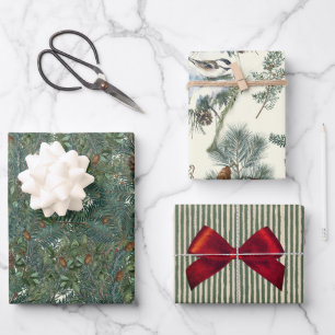 Christmas Evergreen Branches Pinecone Bird Stripe Wrapping Paper Sheet
