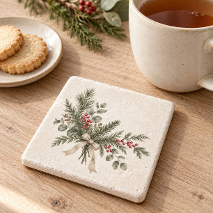 Christmas Evergreen Eucalyptus Berry Stone Coaster