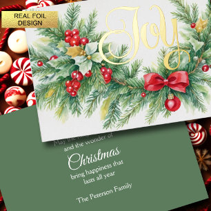 Christmas Evergreen Garland Bows Red Berries Foil Holiday Card