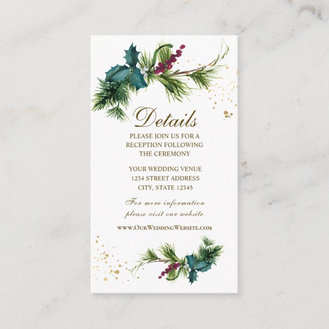 Christmas Evergreen Holly Winter Wedding Enclosure Card (Front)