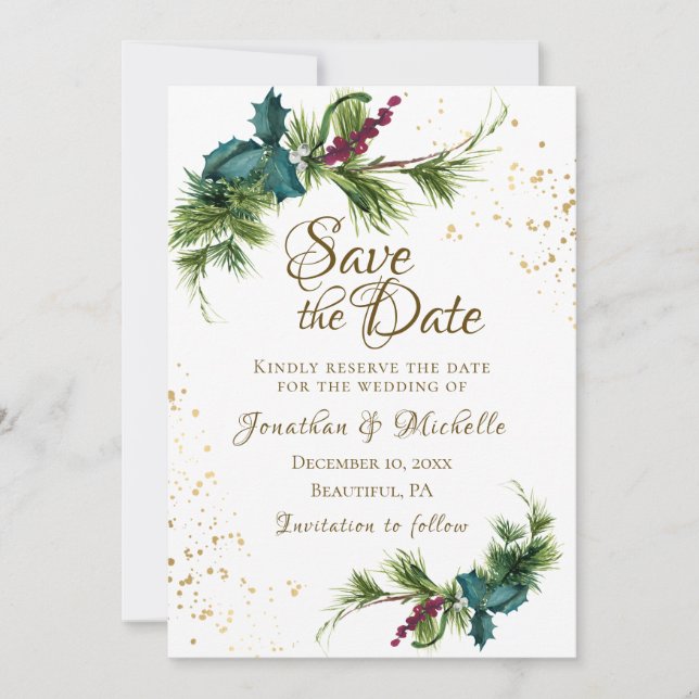 Christmas Evergreen Red Berries Winter Wedding Save The Date (Front)