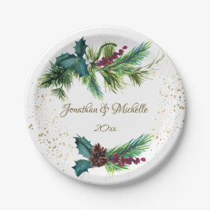 Christmas Evergreen Red Berry Winter Wedding Paper Plate