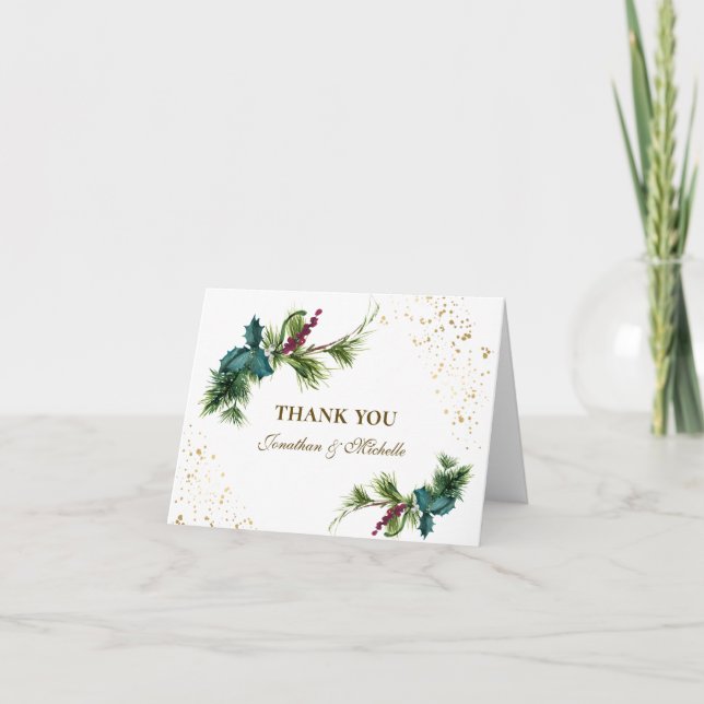 Christmas Evergreen Red Berry Winter Wedding Thank You Card (Front)