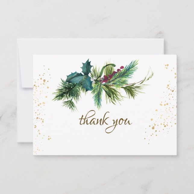 Christmas Evergreen Red Gold Winter Wedding Thank You Card (Front)