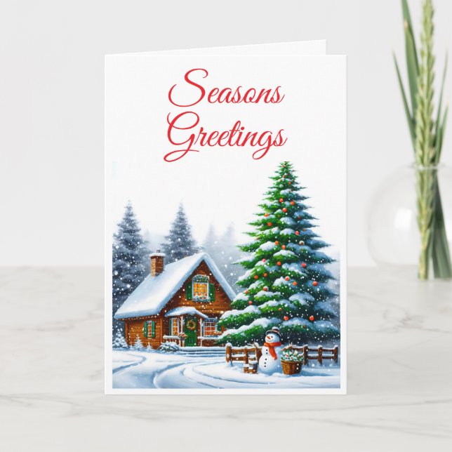 Christmas Evergreen Snowy Log Cabin Greeting Card  (Front)