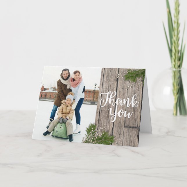 Christmas Evergreen & Wood Thank You Photo Card (Front)
