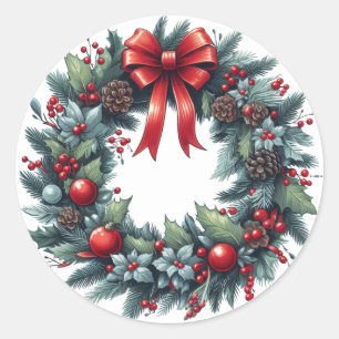 Christmas Evergreen Wreath Greeting Card Classic Round Sticker