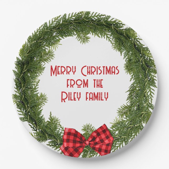 Christmas Evergreen Wreath with Plaid Bow Paper Plate (Front)