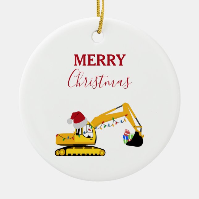 Christmas Excavator Construction Truck   Ceramic Tree Decoration (Front)