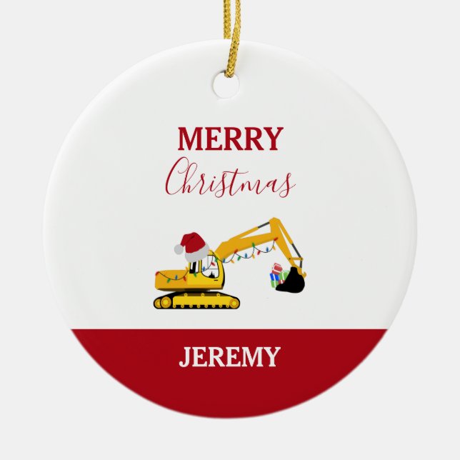 Christmas Excavator Construction Truck Custom  Ceramic Tree Decoration (Front)