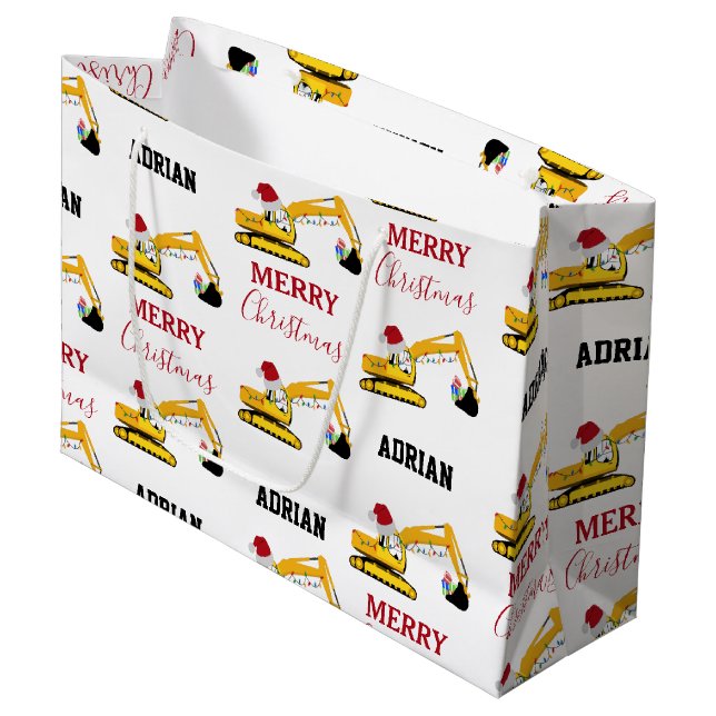 Christmas Excavator Construction Truck Custom Name Large Gift Bag (Front Angled)