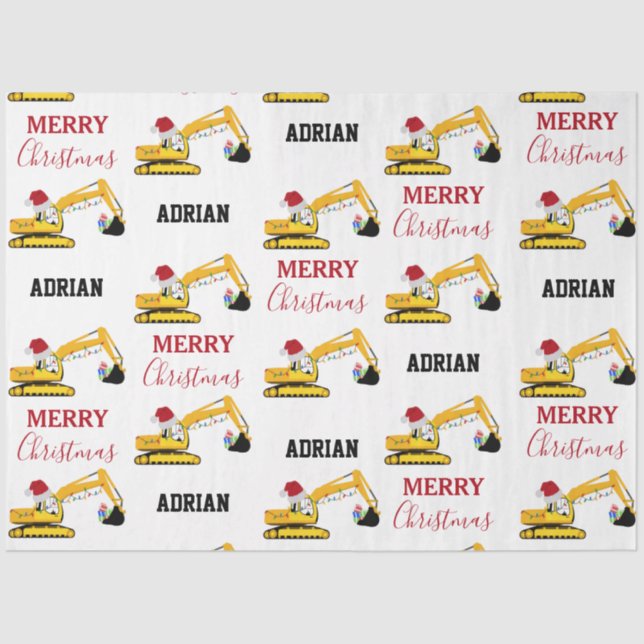 Christmas Excavator Construction Truck Custom Name Tissue Paper (Front)