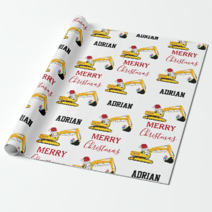 Christmas Excavator Construction Truck Custom Name Wrapping Paper