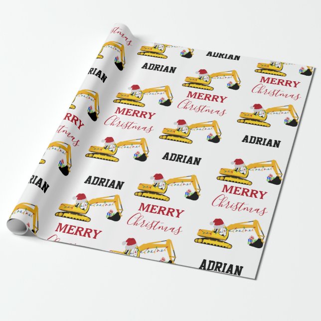 Christmas Excavator Construction Truck Custom Name Wrapping Paper (Unrolled)