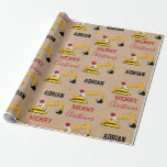 Christmas Excavator Construction Truck Custom Name Wrapping Paper<br><div class="desc">A cute illustration of a yellow toy excavator wearing a Santa hat and decorated in Christmas lights digging up some Christmas gifts with words "Merry Christmas" and your custom name on a kraft brown paper look background. Perfect for construction truck lovers of all ages. An ideal Christmas wrapping paper for...</div>