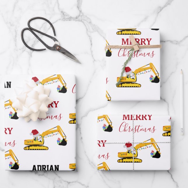 Christmas Excavator Construction Truck Custom Name Wrapping Paper Sheet (Front)