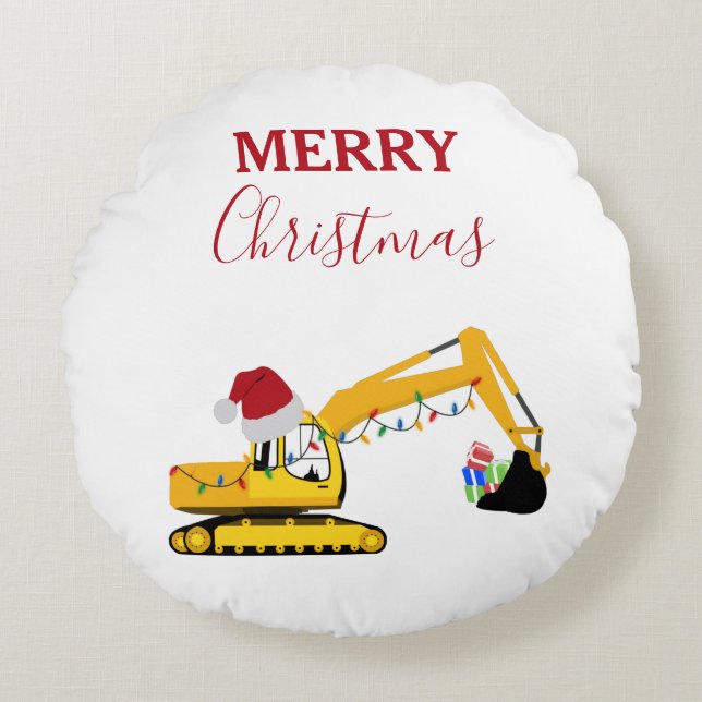 Christmas Excavator Construction Truck  Round Cushion (Front)