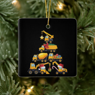Christmas Excavator Construction Truck Tree Ceramic Ornament