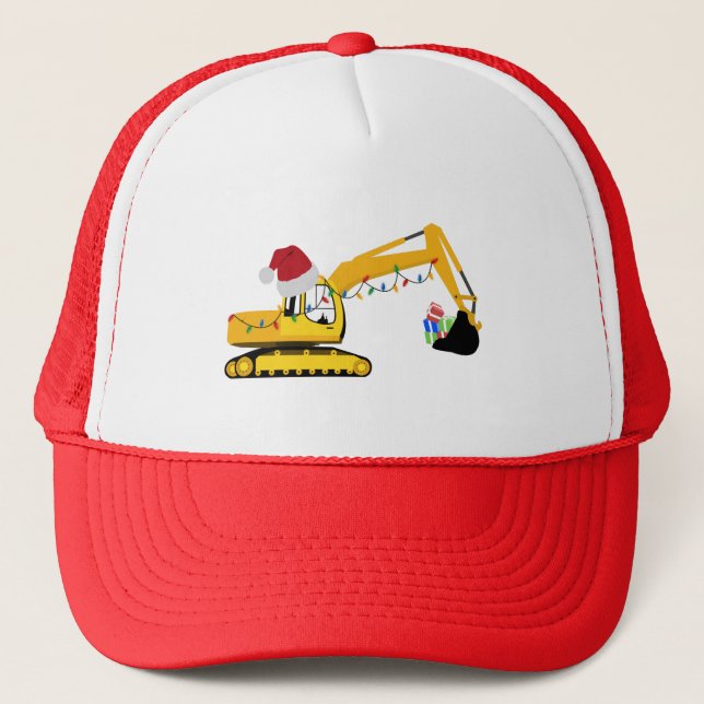 Christmas Excavator Construction Truck Trucker Hat (Front)