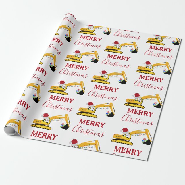 Christmas Excavator Construction Truck Wrapping Paper (Unrolled)