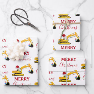 Christmas Excavator Construction Truck Wrapping Paper Sheet