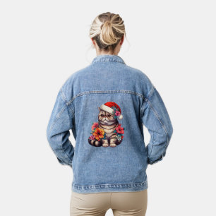 Christmas Exotic shorthair Cat, Floral Santa Kitty Denim Jacket