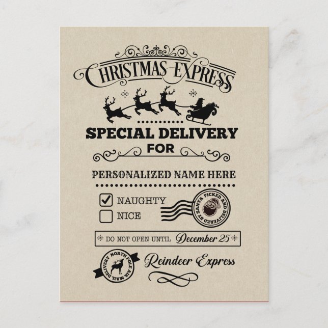 Christmas Express Special Delivery NAUGHTY List Holiday Postcard (Front)
