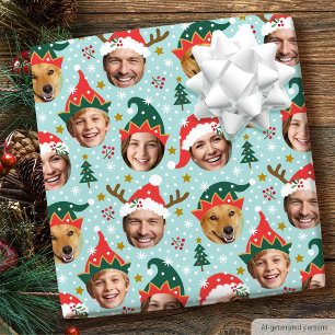 Christmas Face-in-a-hole Custom Photo Collage Blue Wrapping Paper