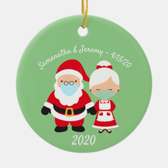 Christmas Face Mask Santa and Mrs. Claus Wedding Ceramic Tree Decoration (Front)