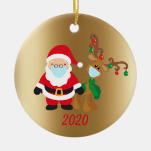 Christmas Face Mask Santa and Reindeer 2020 Gold Ceramic Tree Decoration