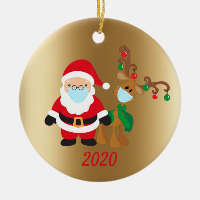 Christmas Face Mask Santa and Reindeer 2020 Gold Ceramic Tree Decoration (Front)