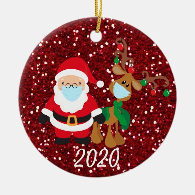Christmas Face Mask Santa and Reindeer 2020 Sequin Ceramic Tree Decoration (Front)