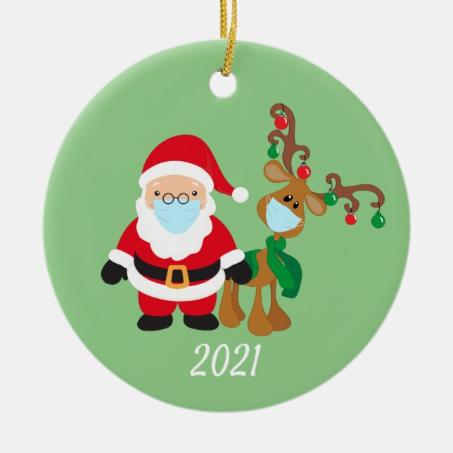 Christmas Face Mask Santa and Reindeer 2021 Ceramic Tree Decoration (Front)