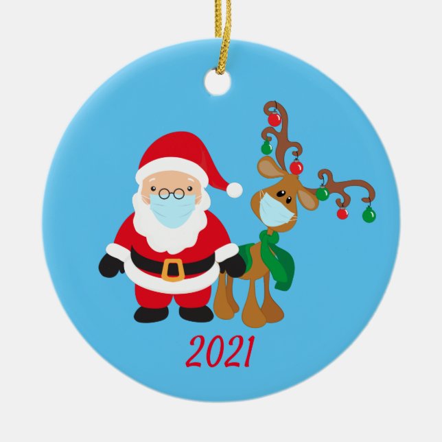 Christmas Face Mask Santa and Reindeer 2021 Ceramic Tree Decoration (Front)