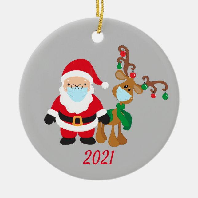 Christmas Face Mask Santa and Reindeer 2021 Ceramic Tree Decoration (Front)