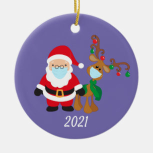 Christmas Face Mask Santa and Reindeer 2021 Ceramic Tree Decoration