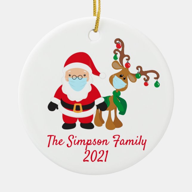Christmas Face Mask Santa Reindeer 2021 Custom Ceramic Tree Decoration (Front)