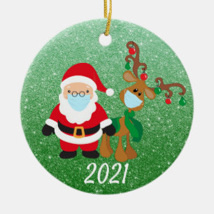 Christmas Face Mask Santa Reindeer 2021 Glitter Ceramic Tree Decoration