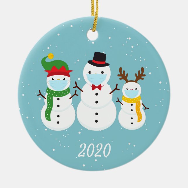 Christmas Face Mask Snowman Family 2020 Ceramic Tree Decoration (Front)