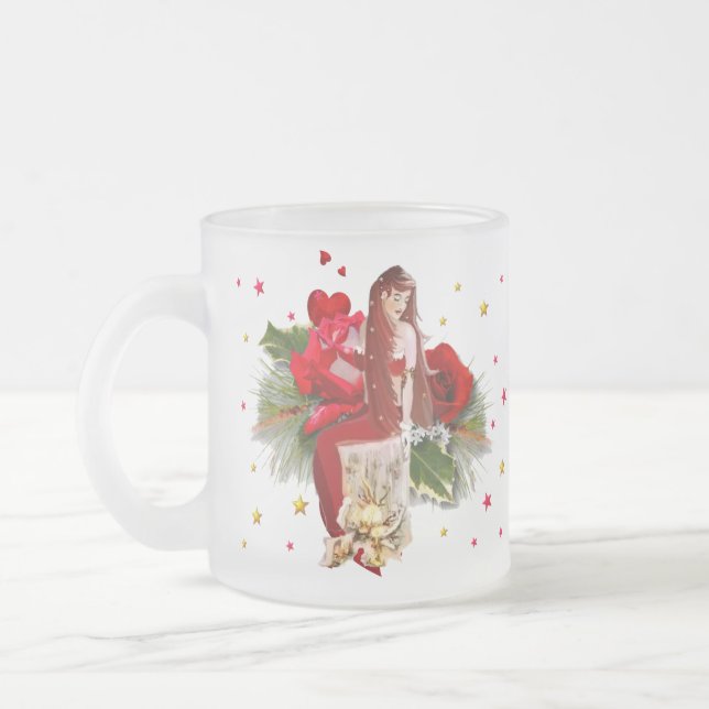 Christmas Fairy and Hearts Frosted Glass Coffee Mug (Left)