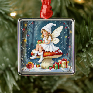 Christmas Fairy atop a Mushroom Cottage Core Metal Tree Decoration
