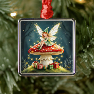 Christmas Fairy atop a Mushroom Cottage Core Metal Tree Decoration