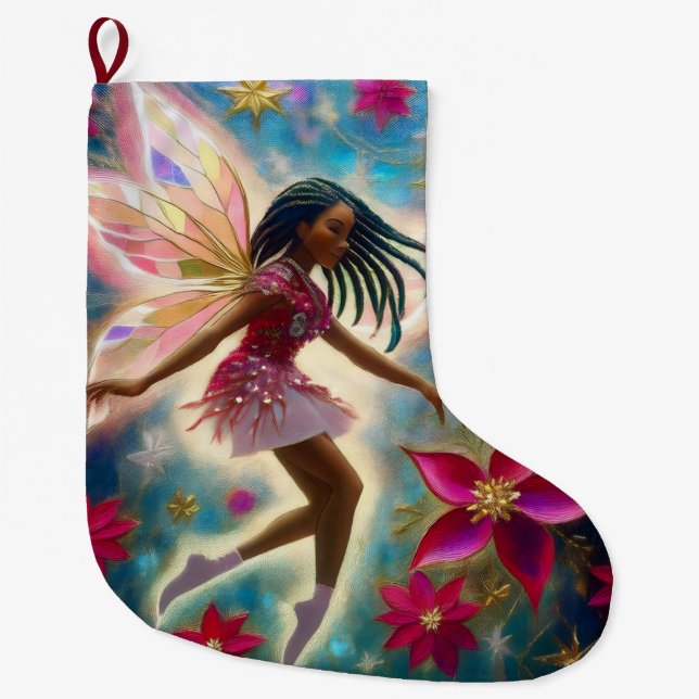 Christmas Fairy Collection - Cornrows Braids Hair Large Christmas Stocking (Front)