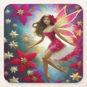 Christmas Fairy Collection - Light Brown Hair Square Paper Coaster
