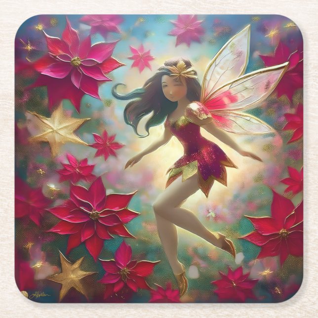 Christmas Fairy Collection - Medium Brown Hair Square Paper Coaster (Front)