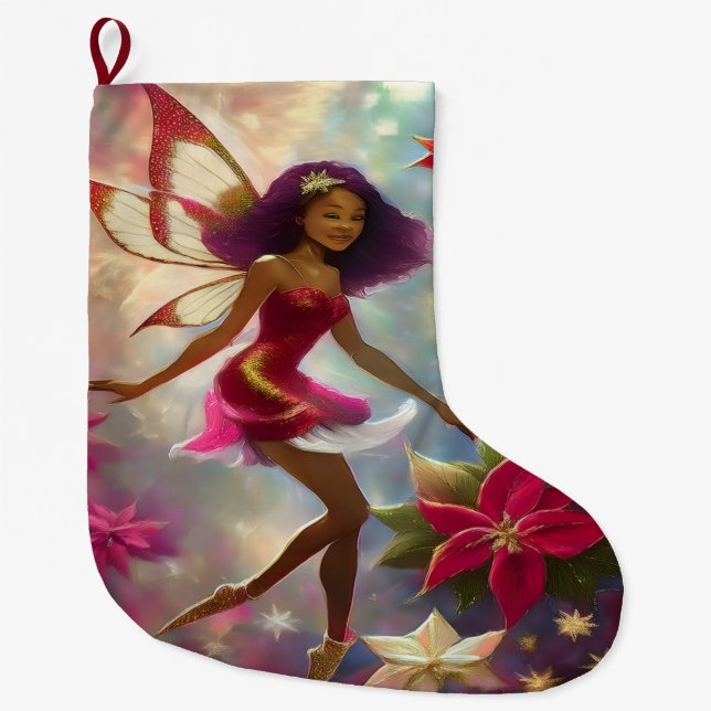 Christmas Fairy Collection Plum Tint Natural Hair Large Christmas Stocking (Front)