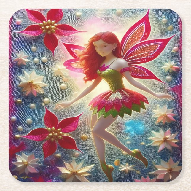 Christmas Fairy Collection - Red Hair Square Paper Coaster (Front)